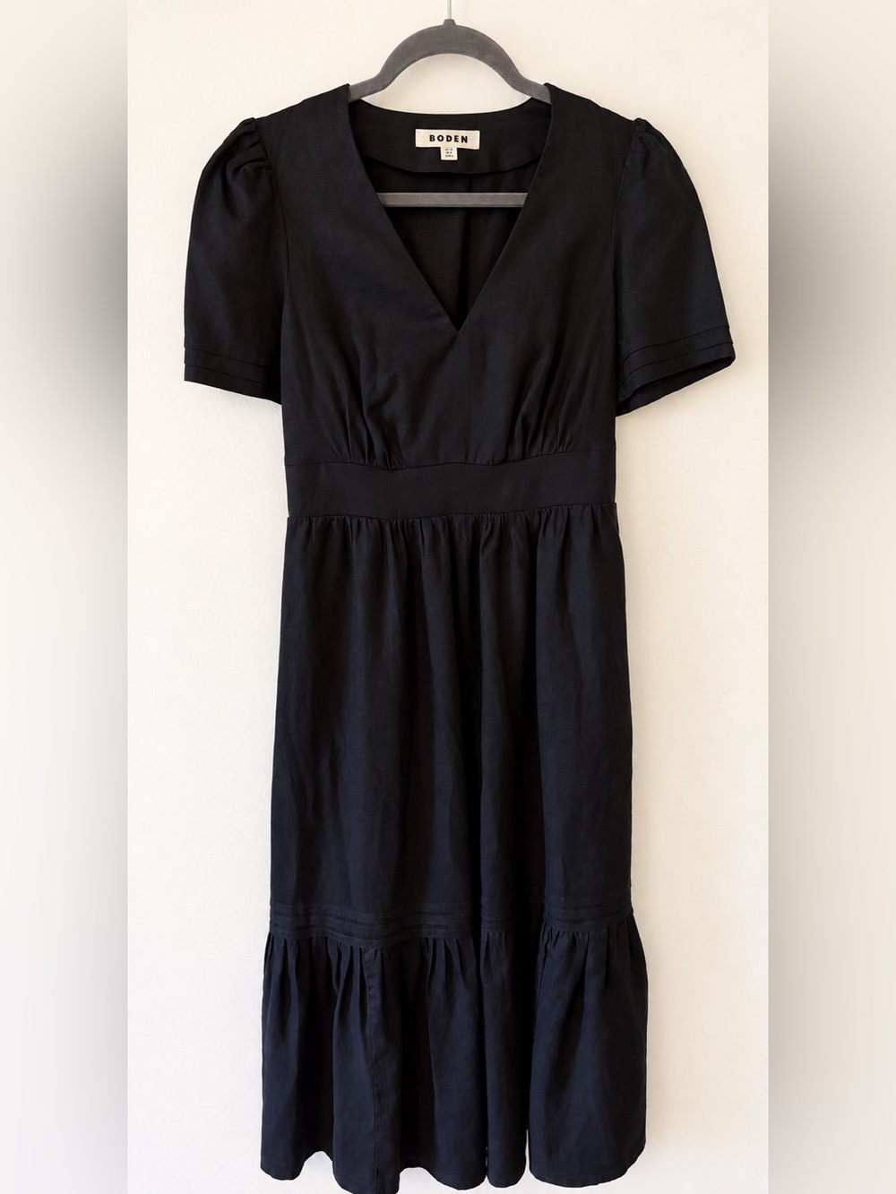 Boden Eve Black Linen V-Neck Midi Dress